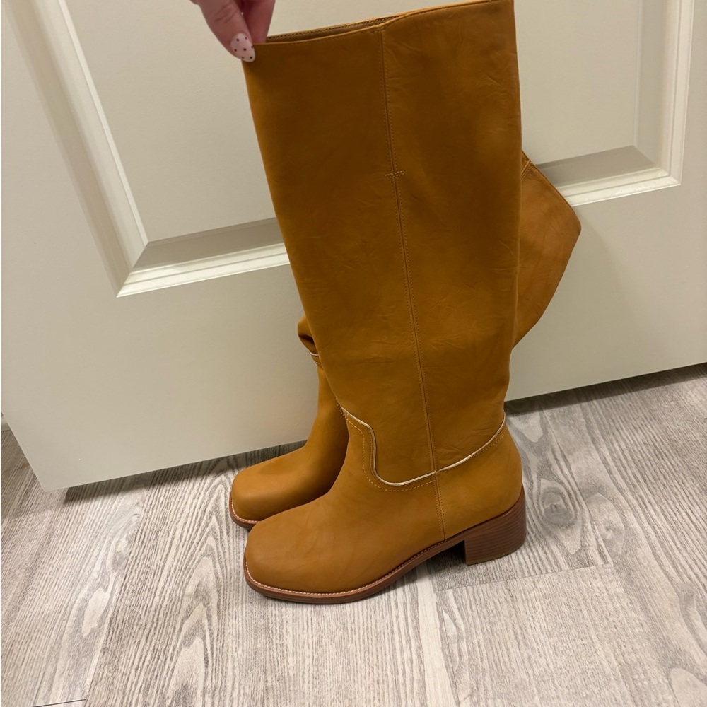Banana Knee High Boot Square Toe Chunky Heel